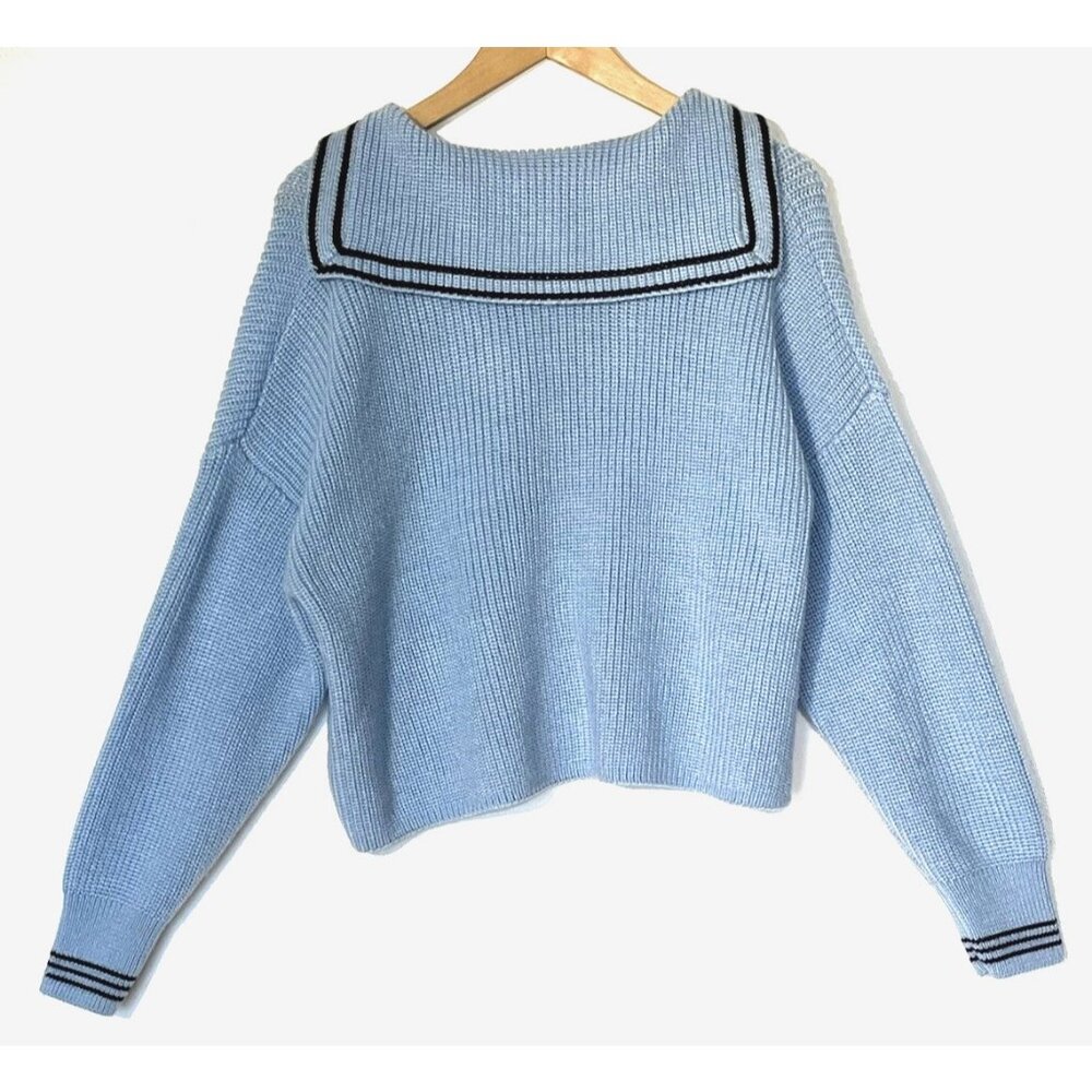 Cinq a Sept Blue Wool blend Cecile Sailor Ribbed Oversize Crop Sweater - Picture 3 of 12